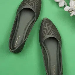 ICONICS Women Olive Green Printed Mojaris with Embroidered Flats-22