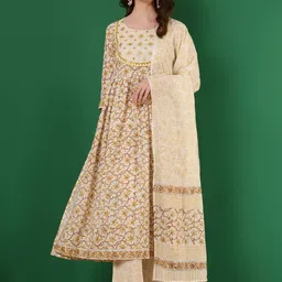 WOMENCLICK Printed Mirror Work  Pure Cotton Panelled A-Line Kurta With Palazzos & Dupatta image 1