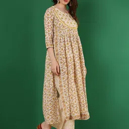 WOMENCLICK Printed Mirror Work  Pure Cotton Panelled A-Line Kurta With Palazzos & Dupatta image 4