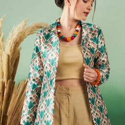 Sangria Green Floral Printed Spread Collar Lightweight Silk Open Front Ethnic Jacket-picture-5