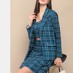 her by invictus Blue Textured Checked Lapel Collar Casual Top With Blazer & Skirt-image-69