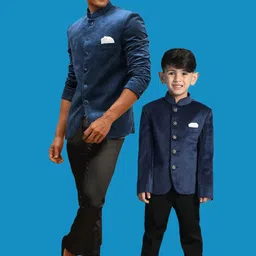 VASTRAMAY Boys Polka Dot Printed Velvet Slim Fit Velvet Bandhgala Blazer-image-6