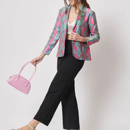 angloindu Abstract Printed Notched Lapel Open Front Blazer image 5
