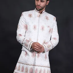 Wintage Self-Design Mandarin Collar Satin Bandhgala Blazers-picture-5