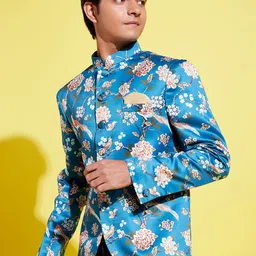 VASTRAMAY Boys Turquoise Blue Floral Print Bandhgala Blazers-image-28