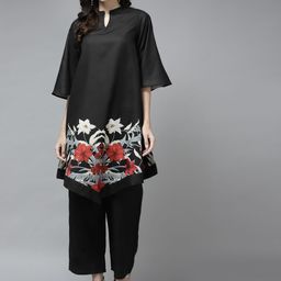 Bhama Couture Women Black Floral Printed Kurta with Palazzos-17