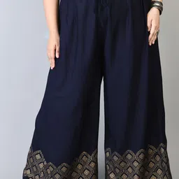 PrettyPlus by Desinoor.com Women Plus Size Navy Blue & Beige Printed Palazzos-66