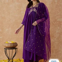 Sangria Ethnic Motifs Embroidered Anarkali Kurta With Palazzo & Dupatta Set image 4