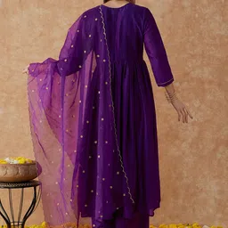 Sangria Ethnic Motifs Embroidered Anarkali Kurta With Palazzo & Dupatta Set image 3