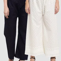 Miaz Lifestyle Women Navy Blue & Cream-Coloured 2 Floral Embroidered Palazzos-17