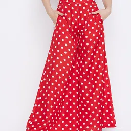 HELLO DESIGN Women Red & White Polka dot Printed Flared Knitted Crepe Palazzos-picture-11
