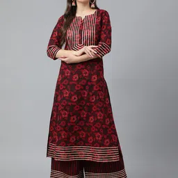 Idalia Women Maroon Floral Printed Pure Cotton Kurta with Palazzos-image-13