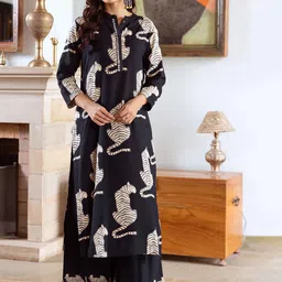 KALINI Conversational Printed Mandarin Collar A-Line Kurta with Palazzos-image-3