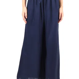 MUFFLY Women Navy Blue Flared Chambray Palazzos-image-2