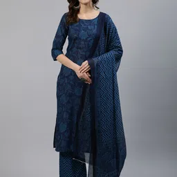 Nayo Women Navy Blue Straight Screen Print Pure Cotton Kurta & Palazzos With Dupatta-30