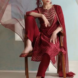 Khushal K Floral Printed Sequinned Straight Kurta with Trousers & With Dupatta-25