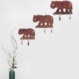 Golden Peacock Set Of 3 Brown Wooden Elephant Key Holders-13