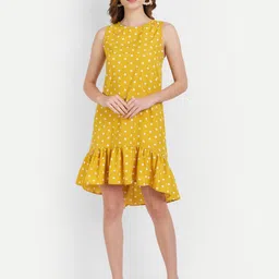 Rediscover Fashion women Mustard Yellow Sleeveless Polka Dot Frill dress-image-38