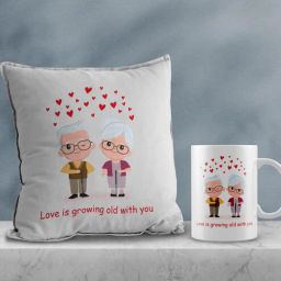 ecraftindia Valentine Combo of Colorful Love Is Getting Old With You Old Couple Hearts Print Cushion & Mug Gift Set-picture-15