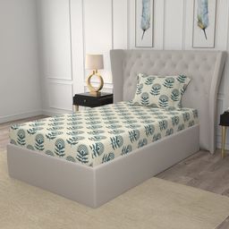 URBAN SPACE Blue & Cream-Coloured Floral Cotton 200 TC Single Bedsheet Set 1.47 x 2.28 m-36