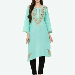 FAWOMENT Women Turquoise Blue Paisley Yoke Design Flared Sleeves Thread Work Pathani Kurta-picture-0
