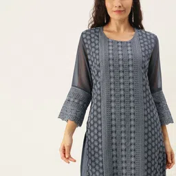 SWAGG INDIA Women Grey Floral Embroidered Chikankari Kurta-image-29
