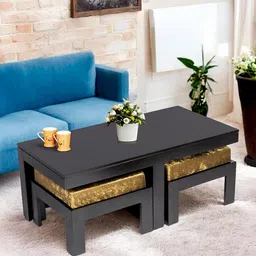 Ikiriya Black & Yellow Sheesham Wood Rectangle Coffee Table with Stool and Cushions-21