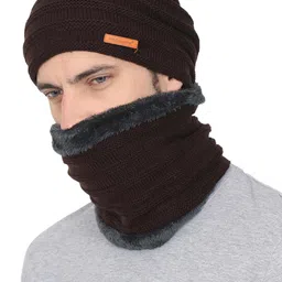 FabSeasons Unisex Brown & Grey Self Design Beanie with Muffler Combo-2