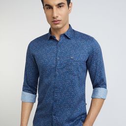 Parx Men Blue Pure CottonPrinted Spread Collar Roll Up Sleeves Casual Shirt-picture-8