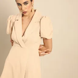 Athena Women Cream-Coloured Solid Blazer Dress with Puff Sleeves-picture-20