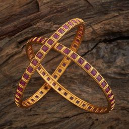 Kushal's Fashion Jewellery Set Of 2 Gold Plated Ruby-Studded Antique Bangles-10