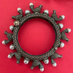 Digital Dress Room Silver-Plated Oxidised Beads-Studded Kada Bangle-image-5