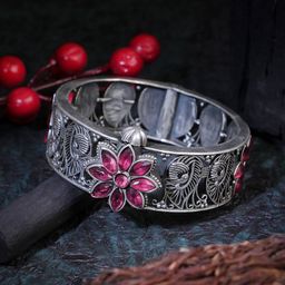 Adwitiya Collection Silver Plated Oxidised Stone-Studded Bangle-5
