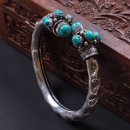 FIROZA Turquoise Stone-Studded Oxidised Adjustable Avanti Bangle-16