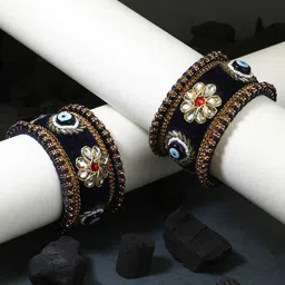 Adwitiya Collection 10 Pieces Navy Blue & Gold-Plated Kundan Silk Thread Chuda Bangle Set-16