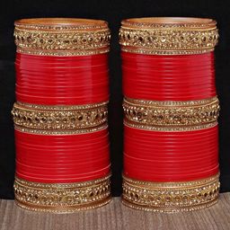 LUCKY JEWELLERY Red CZ & Kundan Studded Punjabi Bridal Bangle Set-44