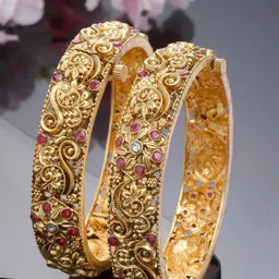 KARATCART Set Of 2 Gold-Plated & Red Stone-Studded Rajwadi Temple Bangles-6
