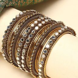 OOMPH Set Of 16 Gold-Plated Antique Mirror Studded Bangles-15