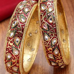 KARATCART Set of 2 Gold-Plated Kundan Stones-Studded Antique Meenakari Bangle-5