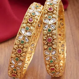 KARATCART Set of 2 Antique Gold Plated Kundan Studded Bangles-image-62