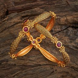 Kushal's Fashion Jewellery Set Of 2 Gold Plated Ruby-Studded Antique Bangles-image-75