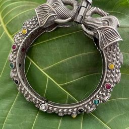 Digital Dress Room Silver-Plated Stone-Studded Oxidised Elephant Design Bangle-image-9