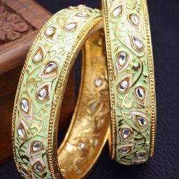 KARATCART Set Of 2 Gold-Plated Kundan-Studded Antique Bangles-18