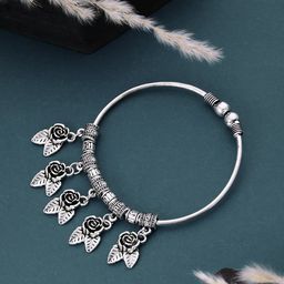 ATIBELLE German Silver Plated & Floral Shaped Adjustable Bangle-image-0