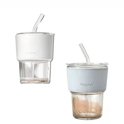 WELOUR White & Blue 2 Pieces Glass Cups With Straw-2