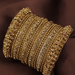 I Jewels Set Of 14 Gold-Plated Gold-Toned Stone Studded Bangles-image-2