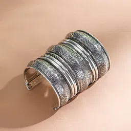 UnfoldSelf Silver-Plated Floral Design Oxidised Afghan Cuff Bracelet-image-98