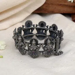 TEEJH Women Silver-Toned & Silver-Plated Red Stone Oxidized Bangle-Style Bracelet-18