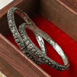 TEEJH Set Of 2 Magadha Silver-Plated Oxidized Bangles-57