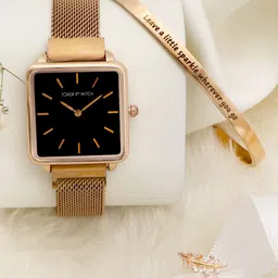 JOKER & WITCH Women Gold-Toned & Black Watch With Bracelet & Rings Gift Set-image-23